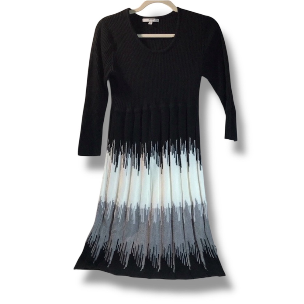 Studio One New York Contrast Midi Sweater Dress Medium M Black White Gray Knit